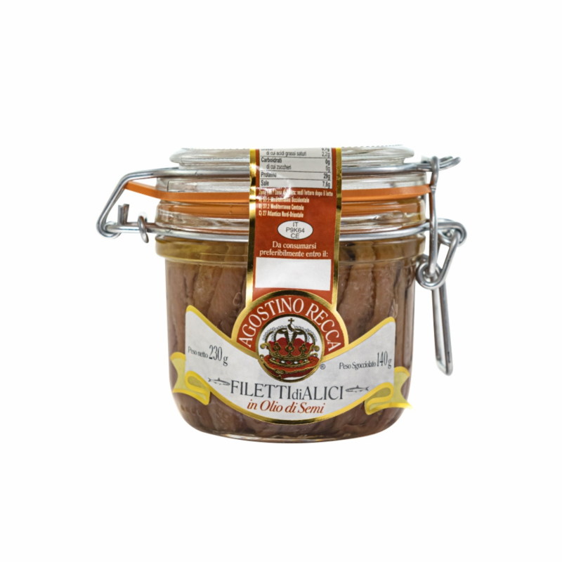 Filets of Sicilian Anchovies in Sunflower Oil 230g glass jar